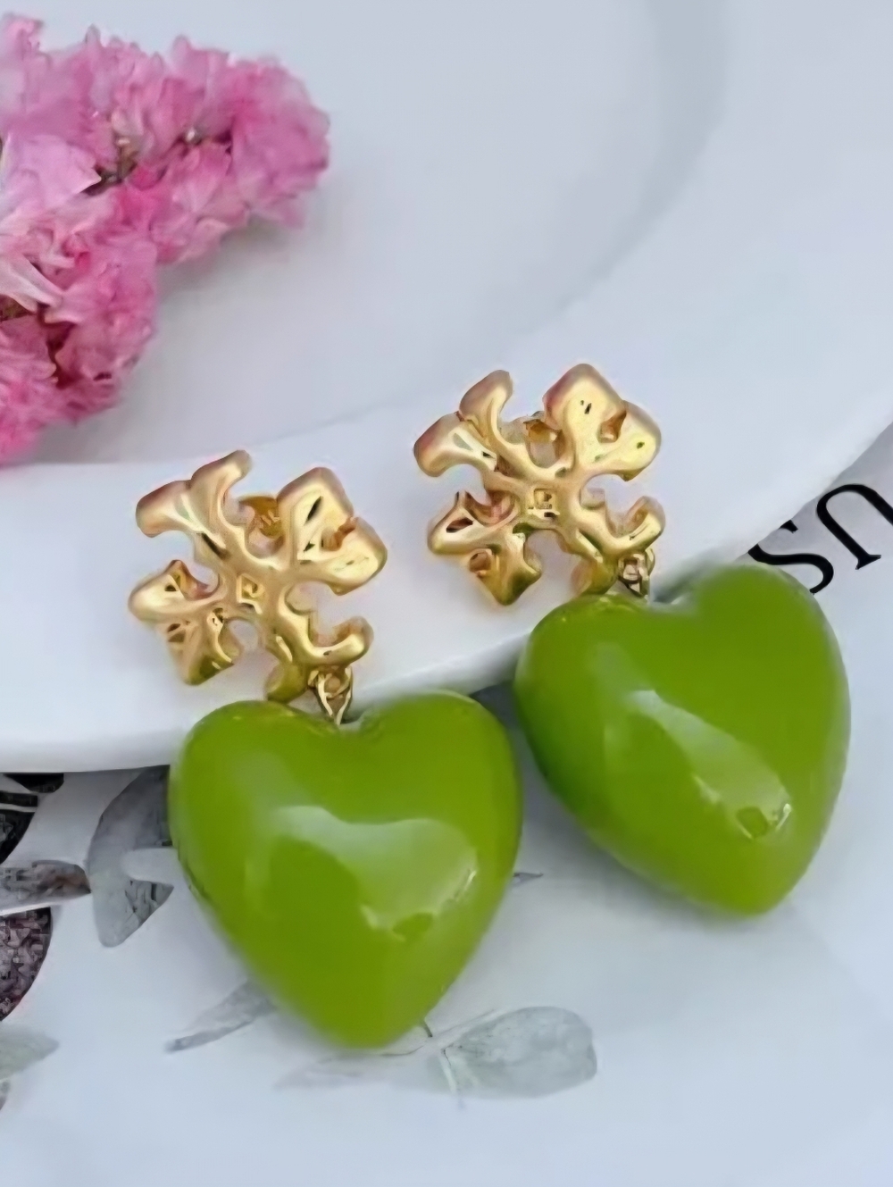 Tory Burch Gold Floral Studs with Green Heart Drops